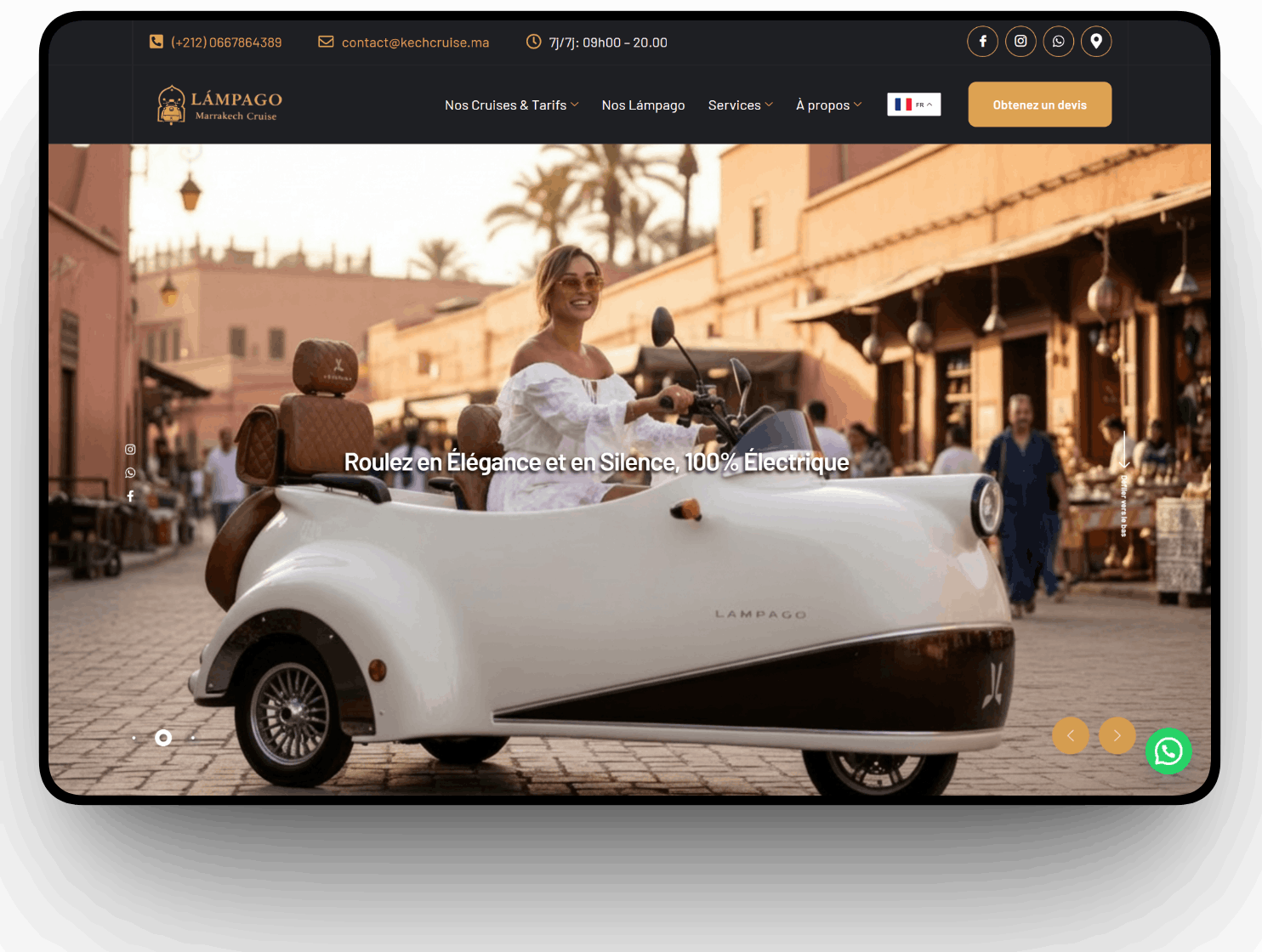 Site Web Réservation Tricycle Électrique Marrakech — Réalisation LÁMPAGO KechCruise | CentralWeb