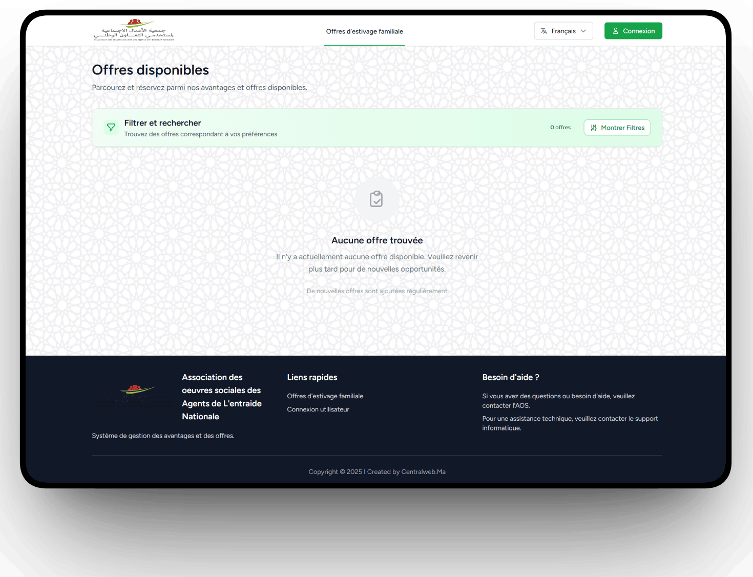 Plateforme Réservation Offres Sociales en Ligne — Réalisation AOS Entraide Nationale | CentralWeb
